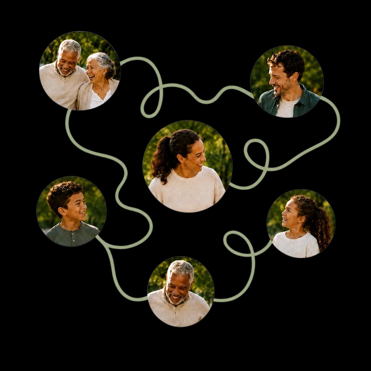 Six family members connected by a single drawn thread