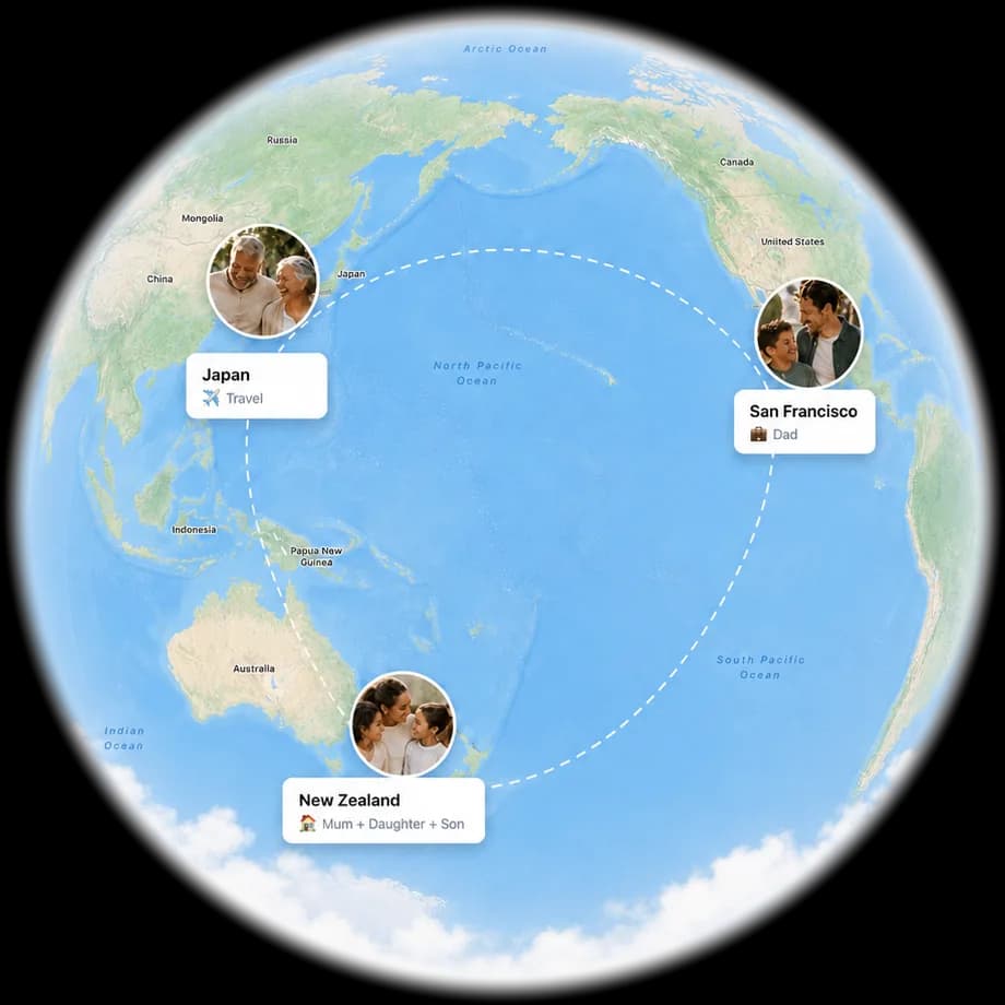 A globe with family members pinned across different countries