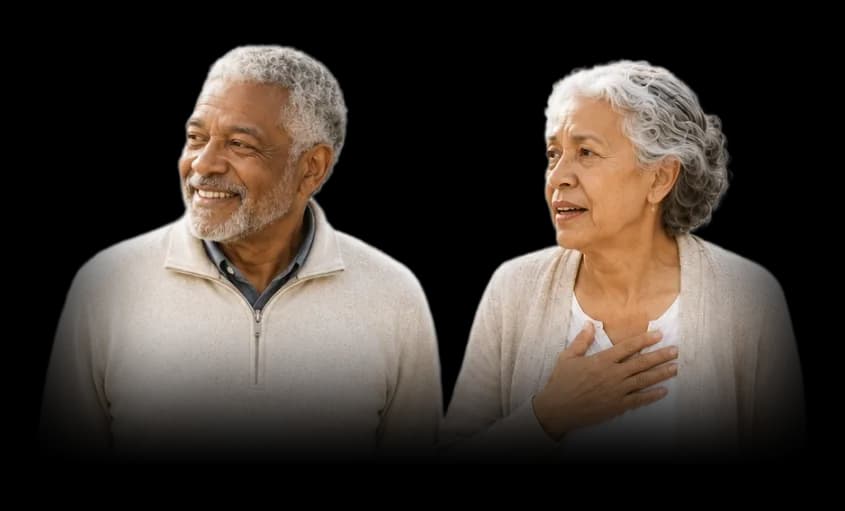 An older couple, one with a hand on their chest