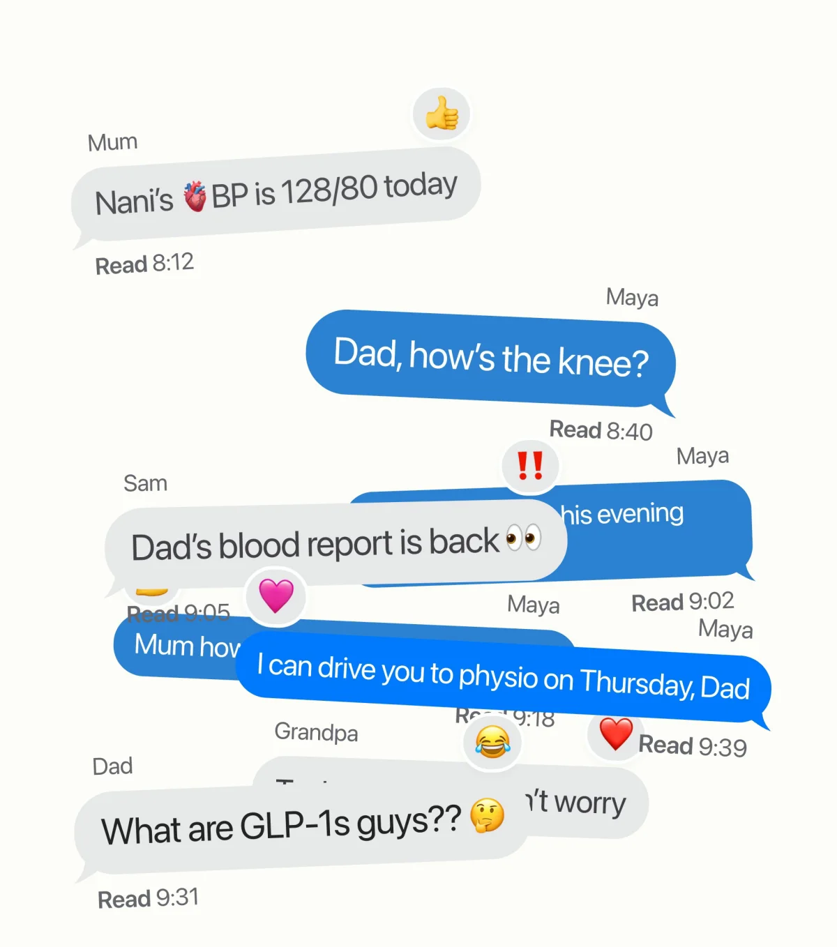 Overlapping messages from a family group chat: Nani's BP is 128/80 today. Dad, how's the knee? Dad's blood report is back. I can drive you to physio on Thursday, Dad. What are GLP-1s guys??
