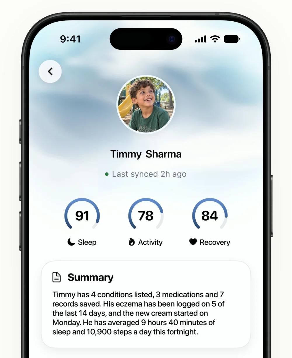 Timmy's profile in Lifelong: scores of 91 for sleep, 78 for activity and 84 for recovery, above a summary that reads: Timmy has 4 conditions listed, 3 medications and 7 records saved. His eczema has been logged on 5 of the last 14 days, and the new cream started on Monday.