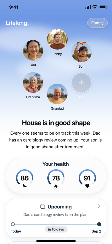 Lifelong's family home screen showing family members and their shared health summary