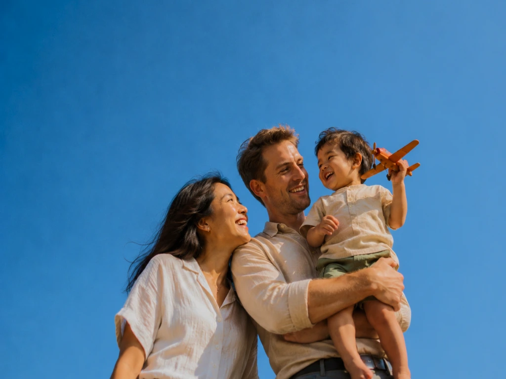 A mother and father with their toddler, who is holding up a toy plane, under a blue sky